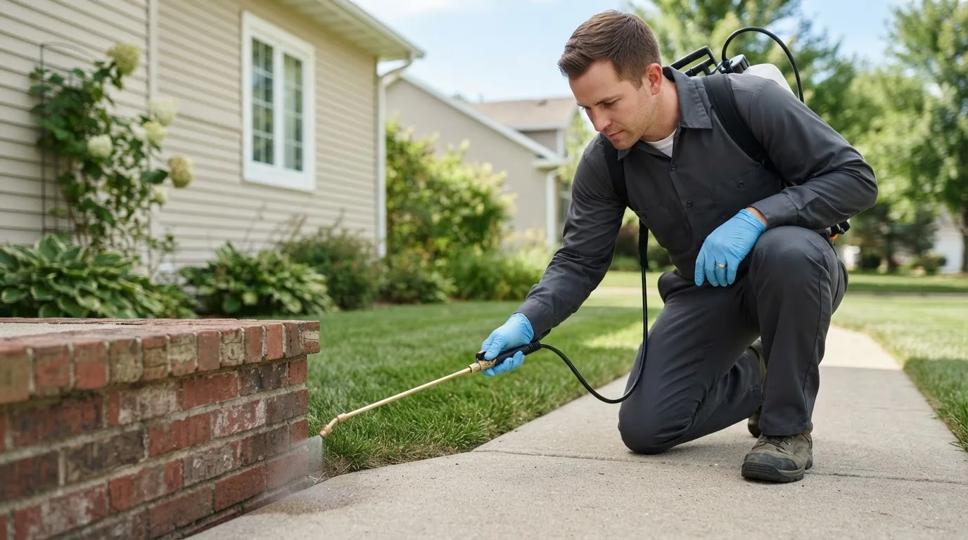 Pest control technician treating a home near Seymour, WI